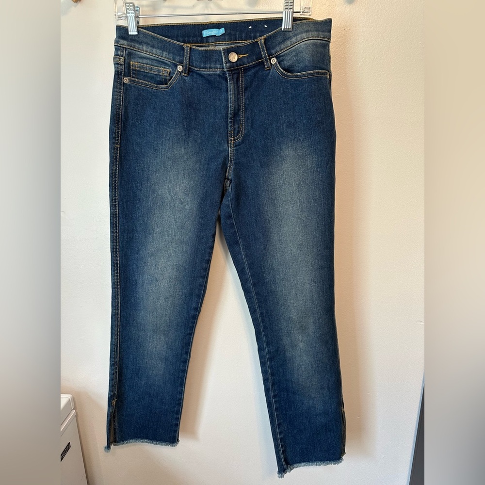 J McLaughlin Denim Ankle Raw Hem Medium Wash Jeans Size 8 Preppy Classic City‎